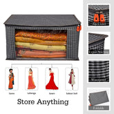 Kuber Industries Saree Cover|Rexine Foldable Matty Check Design|Transparent Window Wardrobe Organizer with Plastic Slider Zip|Extra Large (Gray)